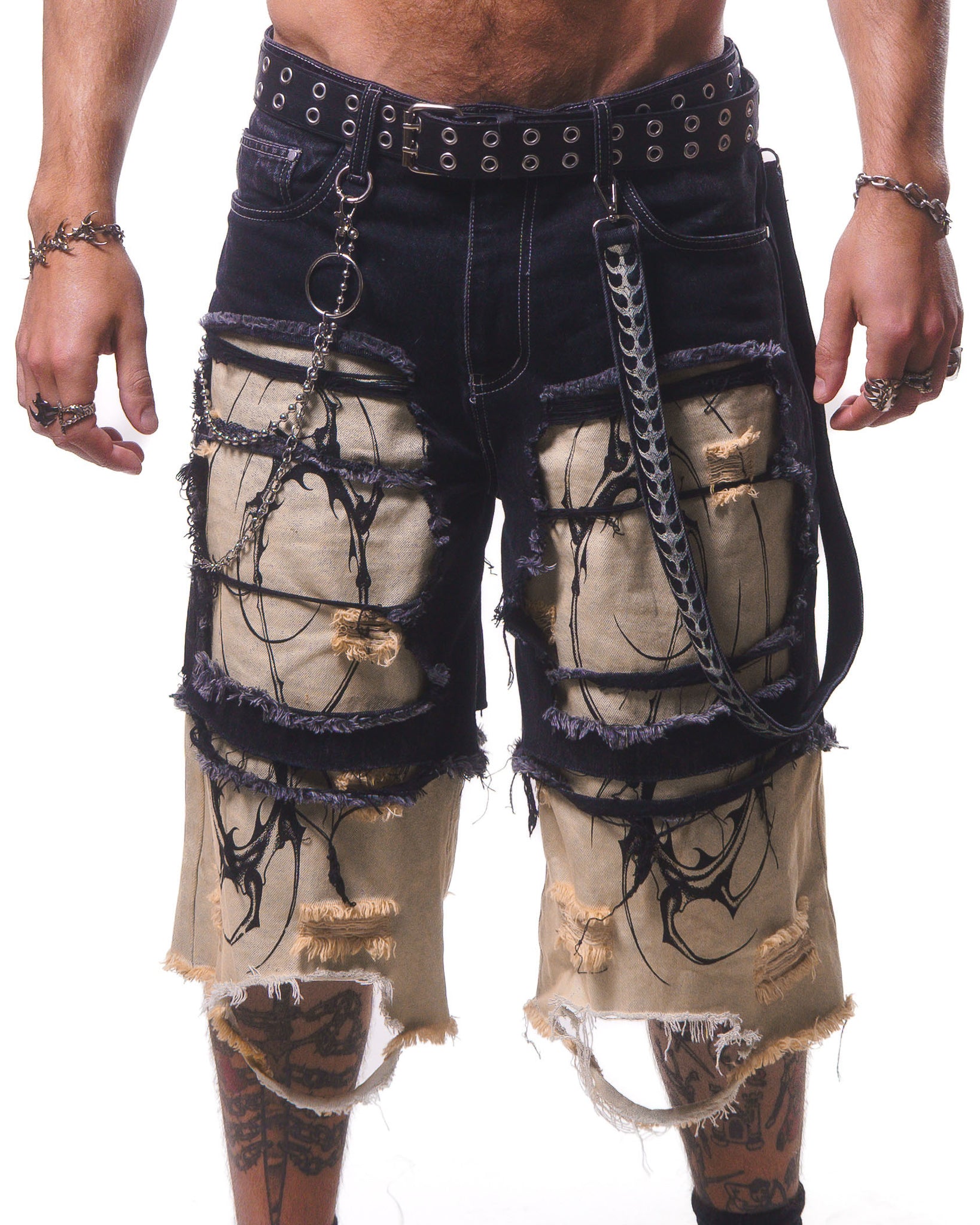 DOUBLE LAYER DENIM LONG SHORTS ( BLACK/CREAM )*PREORDER*