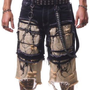 DOUBLE LAYER DENIM LONG SHORTS ( BLACK/CREAM )*PREORDER*