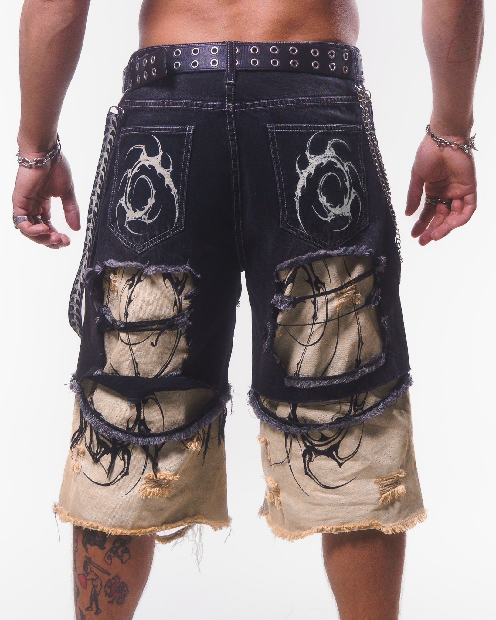 DOUBLE LAYER DENIM LONG SHORTS ( BLACK/CREAM )*PREORDER*