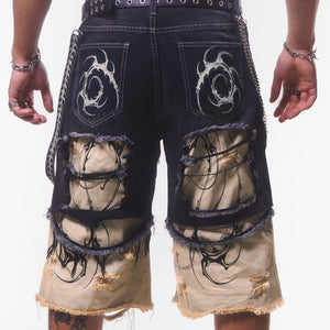 DOUBLE LAYER DENIM LONG SHORTS ( BLACK/CREAM )*PREORDER*