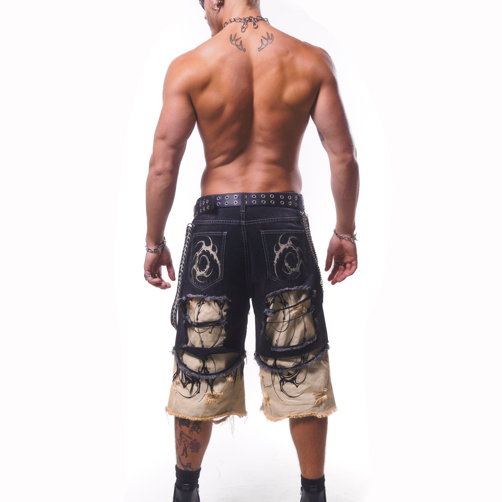 DOUBLE LAYER DENIM LONG SHORTS ( BLACK/CREAM )*PREORDER*