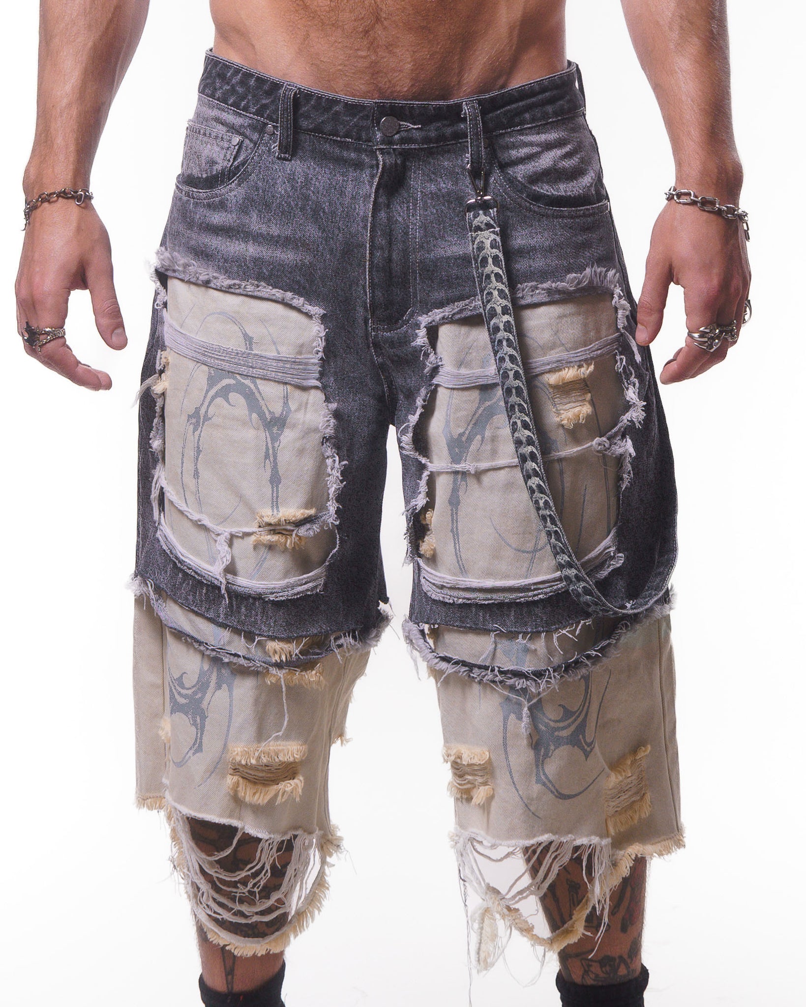 DOUBLE LAYER DENIM LONG SHORTS ( GREY )*PREORDER*
